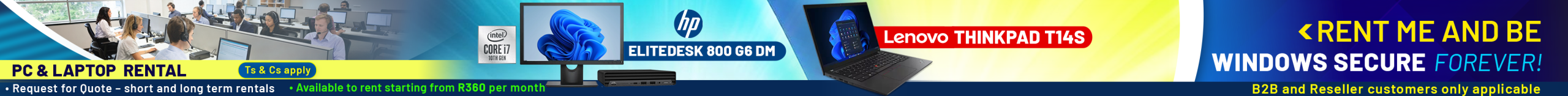 Laptop-PC-Rental-Lenovo-ThinkPad-T14S + HP-EliteDesk-800-G6-DM-Web-banner re-design (3825 x 235px)